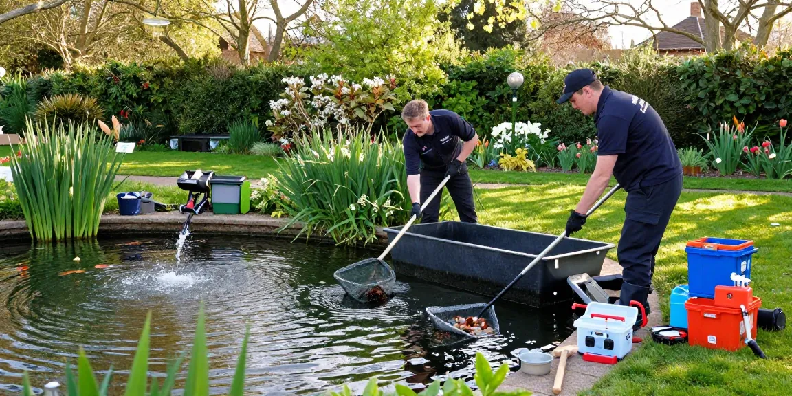 Pond Clean Sussex professionals performing a thorough outdoor pond cleaning in a beautiful garden setting