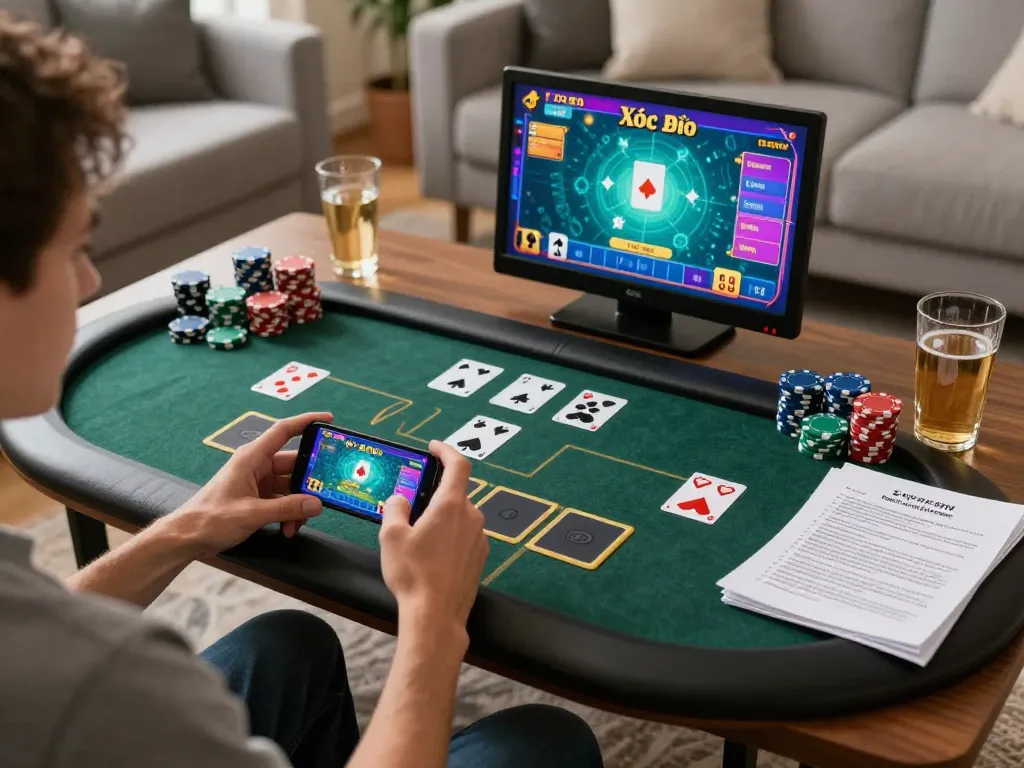 Xóc đĩa online being played on a smartphone in a cozy gaming setup, highlighting strategic gameplay.