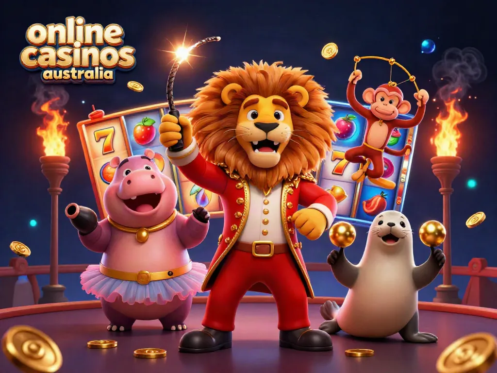 Experience the excitement of online casinos in Australia with a circus-themed digital illustration featuring vibrant characters and slot machines.