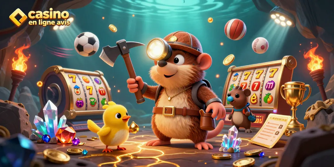 Illustration animée de casino en ligne avis mettant en avant un chasseur de trésor dans une grotte dorée.