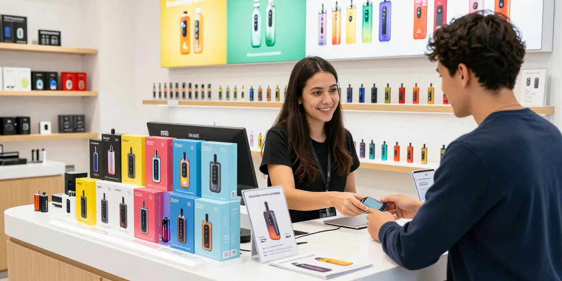 Hayati promax vapes displayed in a modern shop with customer engagement.