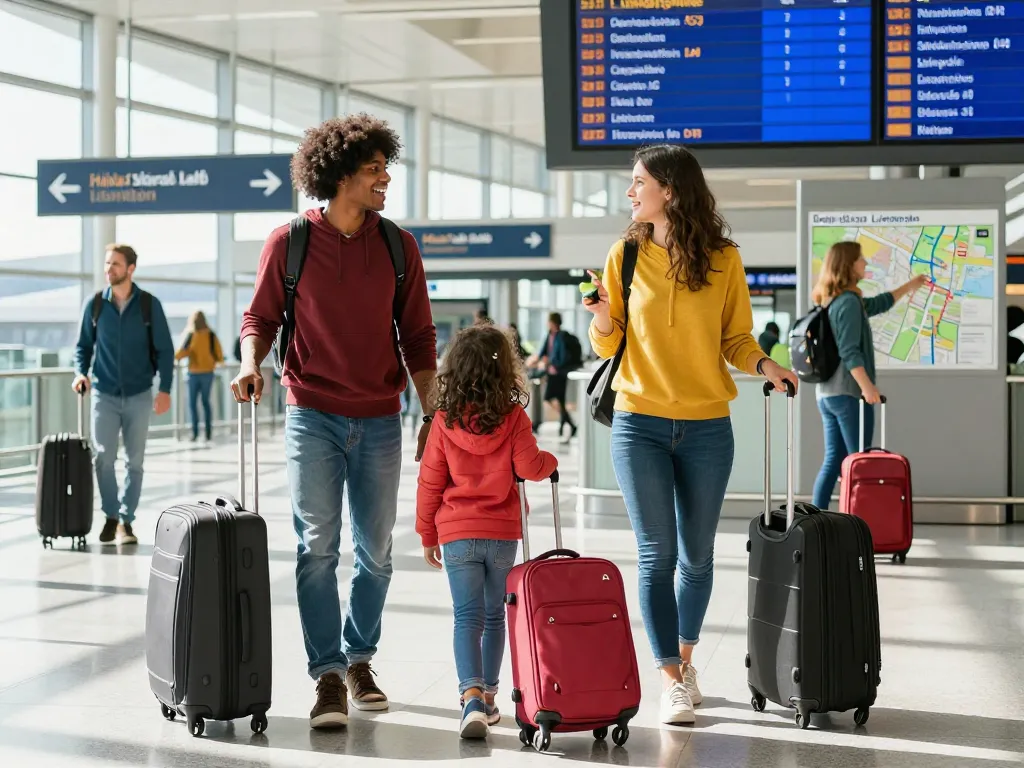 Liverpool John Lennon Airport from Halifax scene with travelers excitedly preparing for their journey