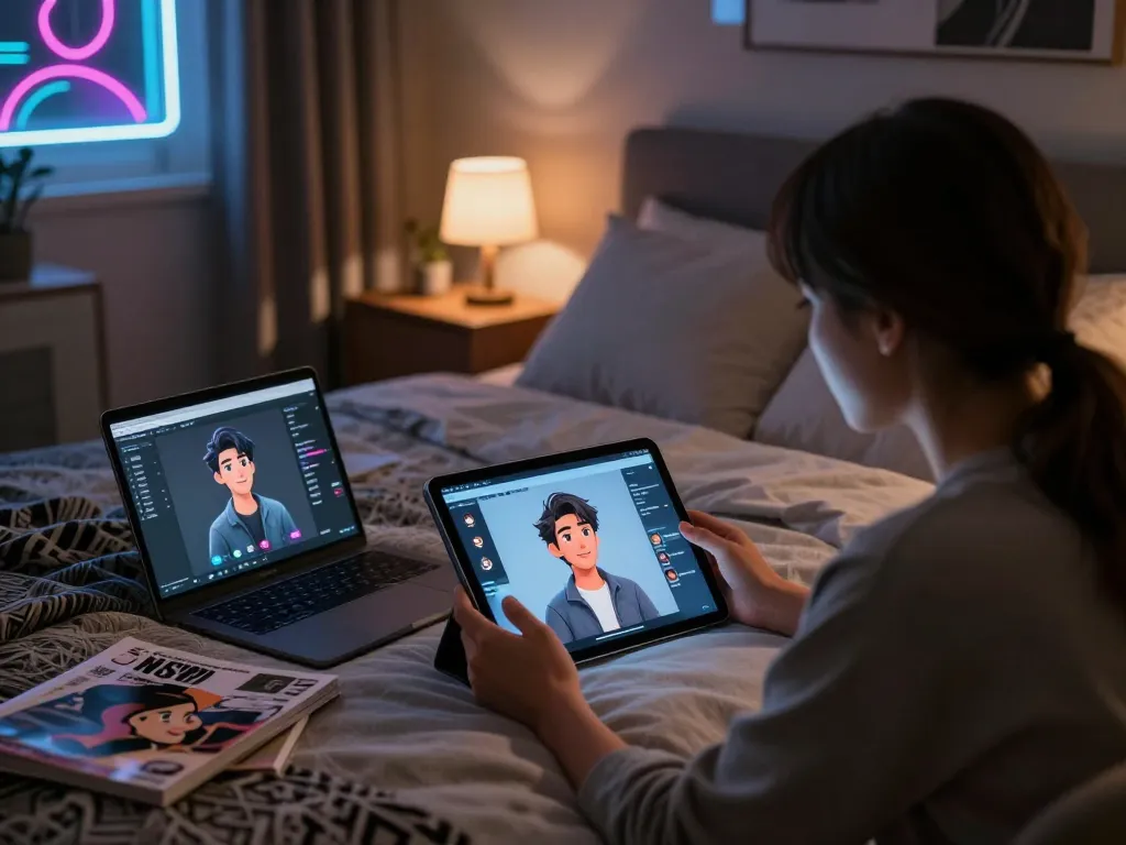 Engaging chat with NSFW AI characters in a modern bedroom setting, showcasing intimate digital interactions.