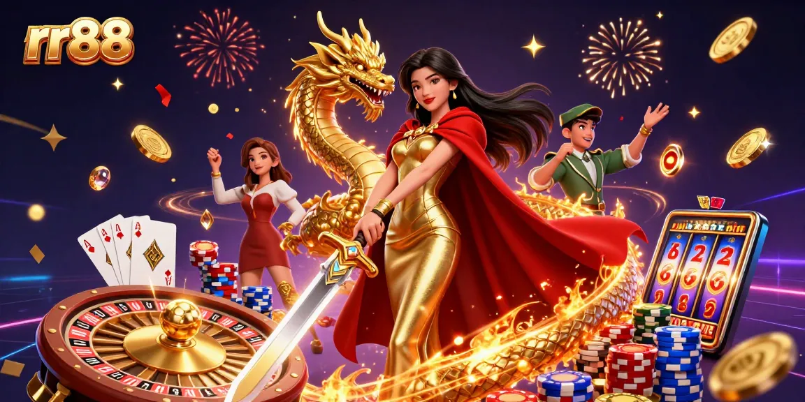 Winning at rr88 with dynamic action across a vibrant casino scene filled with excitement and gold.