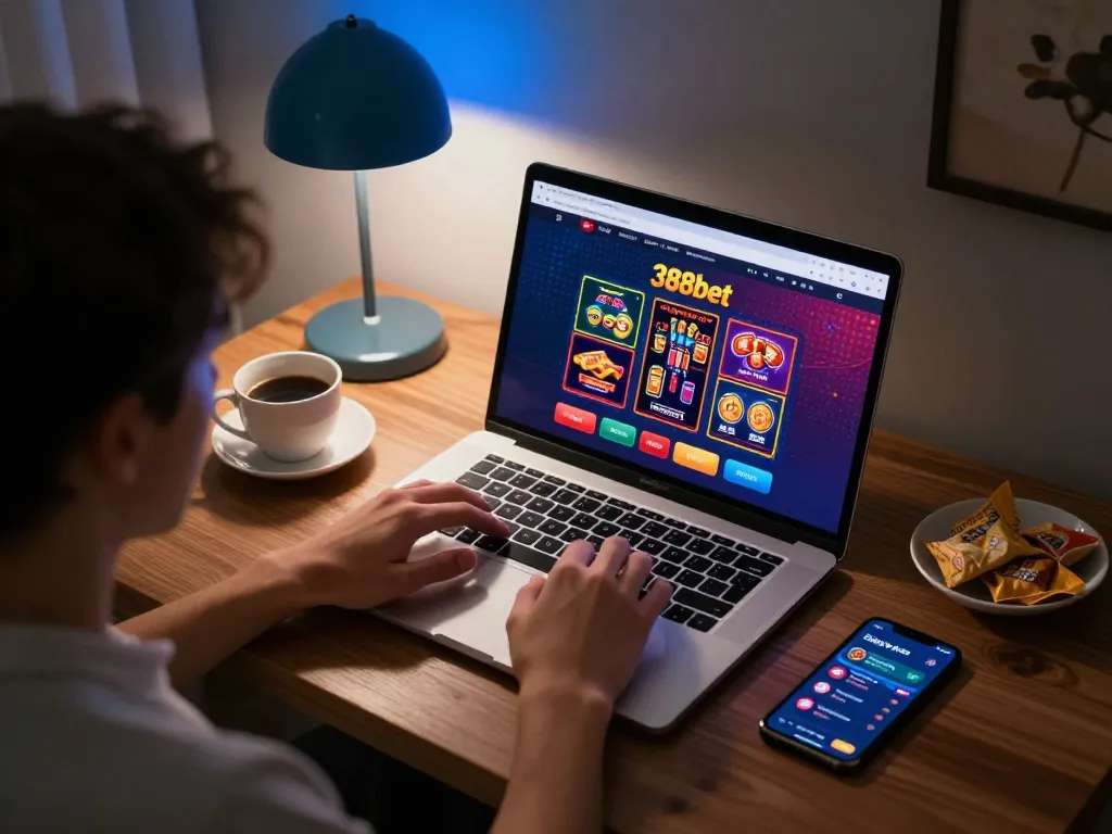 Engaging online gambling experience at 388bet with a player focused on their laptop.