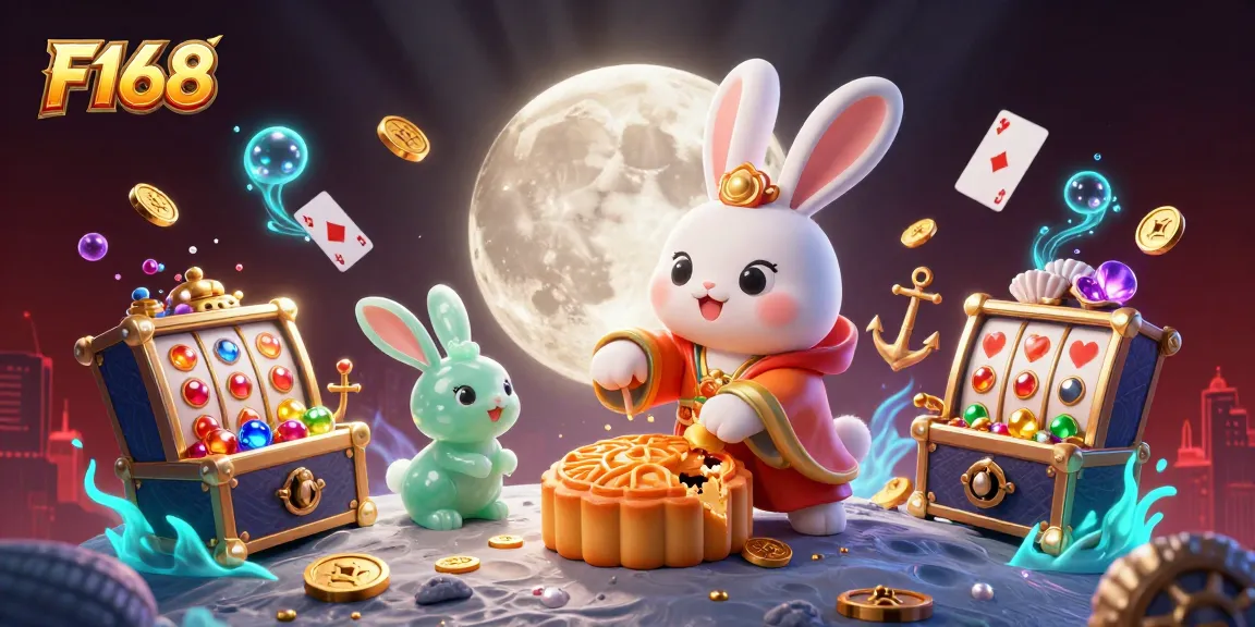 F168 rewards players with golden mooncakes revealing poker chips in an exciting casino setting.