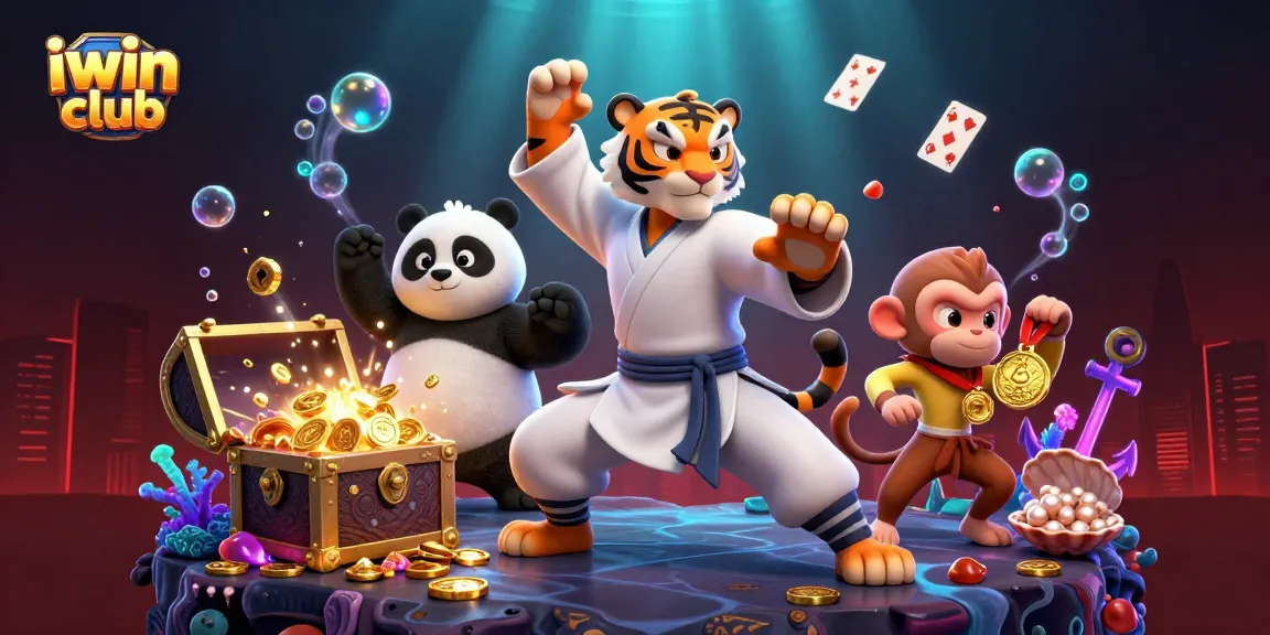 Iwin club offers an exciting scene with a kung fu tiger master in action, showcasing thrilling casino elements.