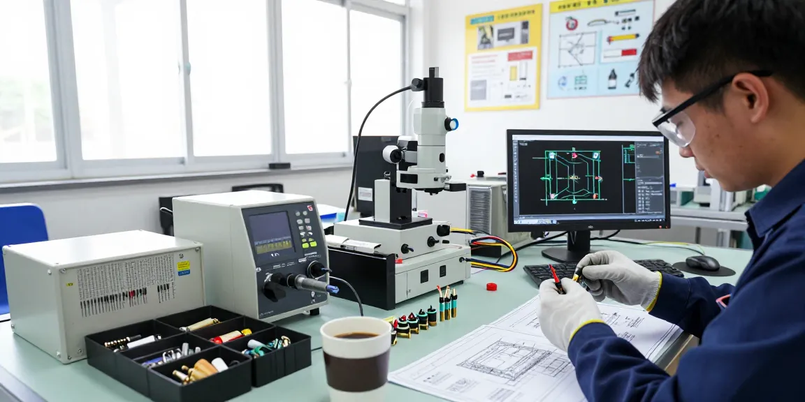 Engineer assembling wire crimp connectors in electronics manufacturing workspace.