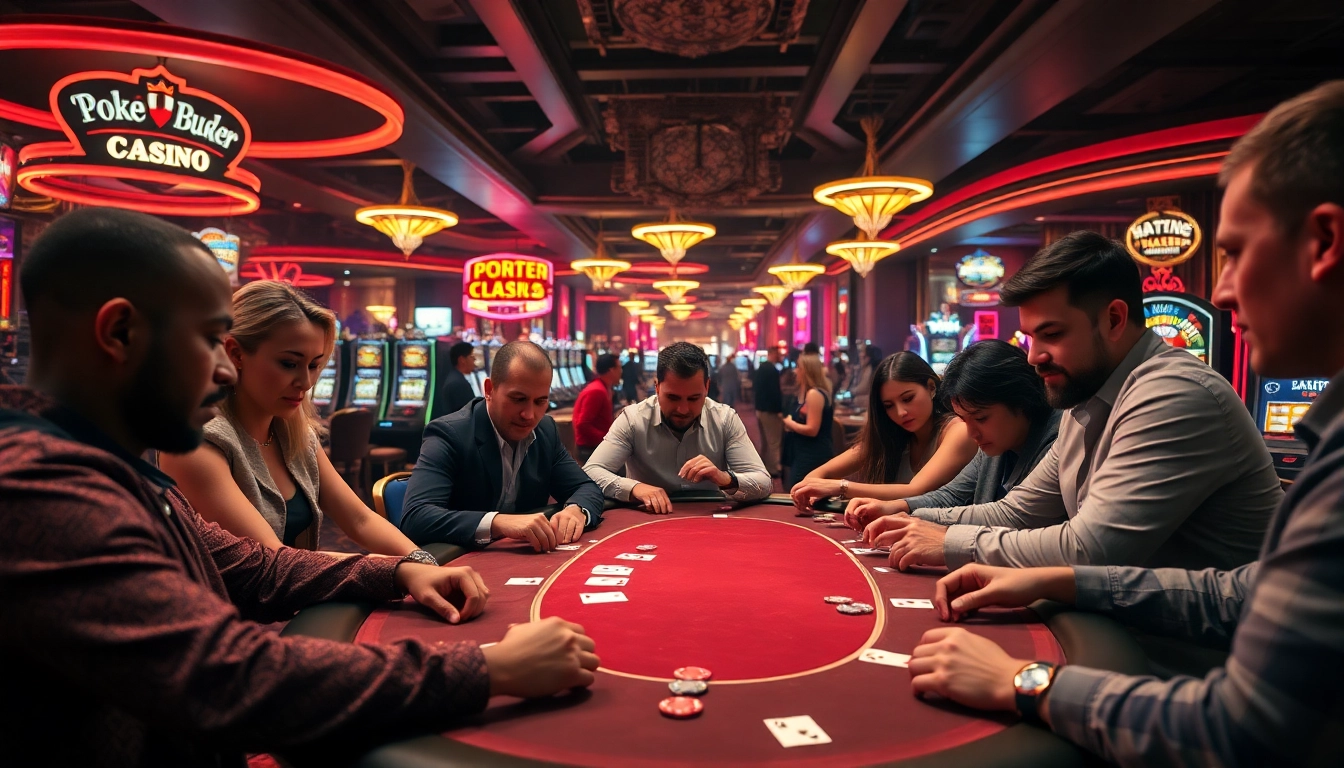 Pemain poker di kasino dengan suasana menegangkan, menggambarkan bbni4d dengan kartu dan chip.
