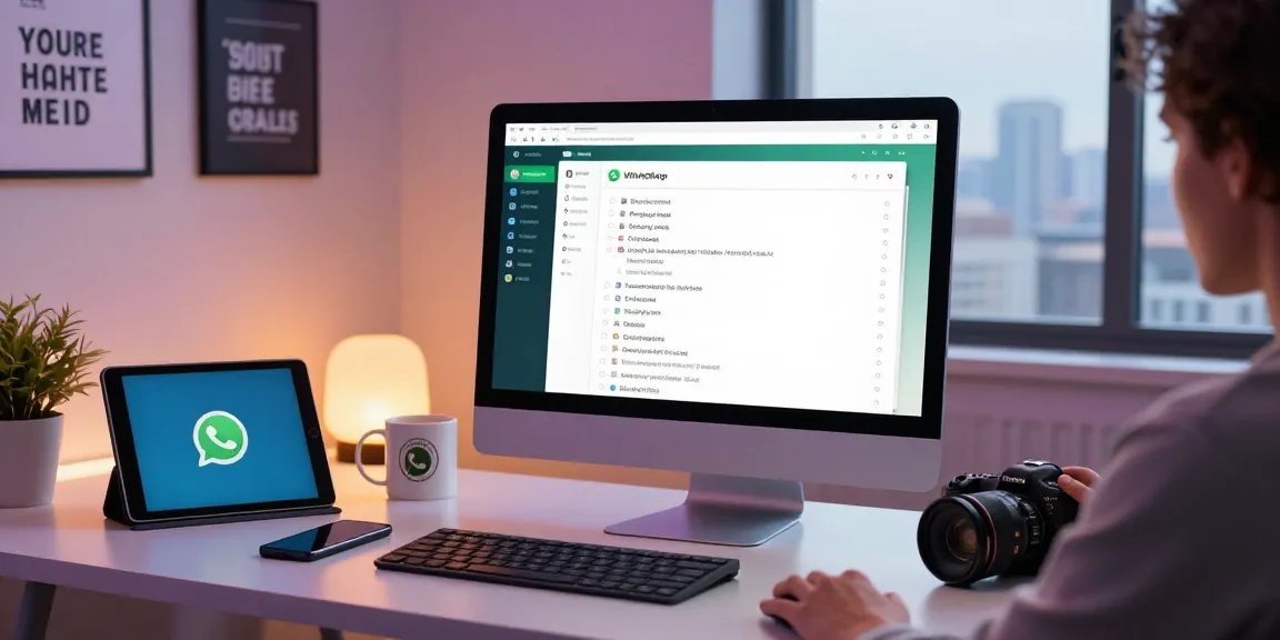 Using WhatsApp電腦版 on a modern desktop in a stylish office environment with vibrant city views.