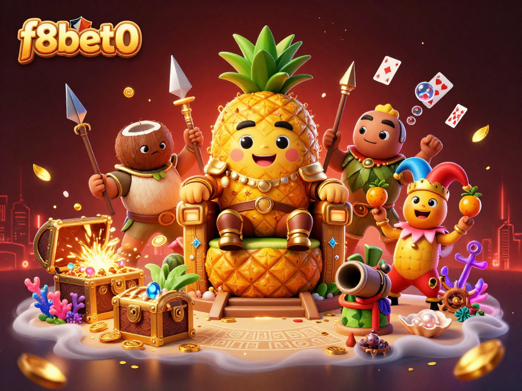Experience f8bet0 with the golden pineapple king and exciting casino elements in a rich, vibrant scene.
