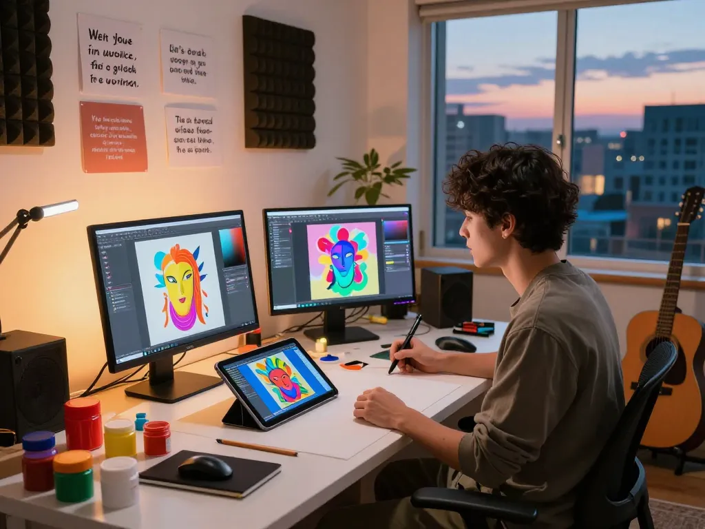 Artist using nano banana 2 AI image editor in a vibrant creative studio during evening.