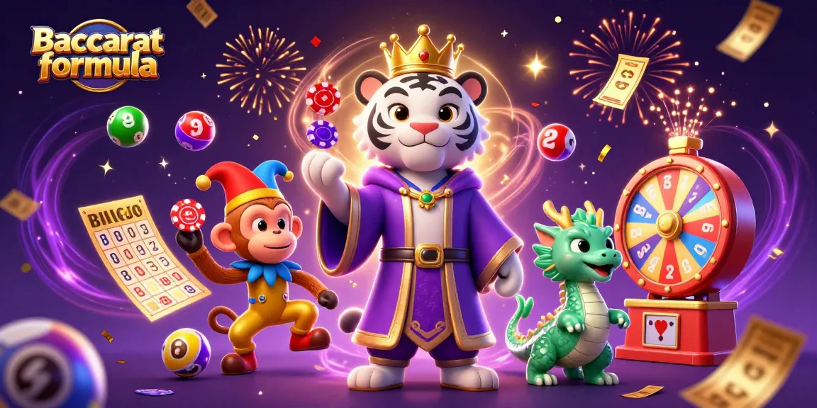 Engage with the Baccarat formula displayed in an animated 3D scene featuring a tiger, monkey, and dragon amidst exciting casino elements.