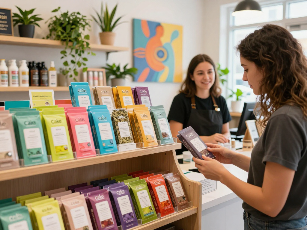 Cake carts displayed in a vibrant dispensary, showcasing variety and customer engagement.
