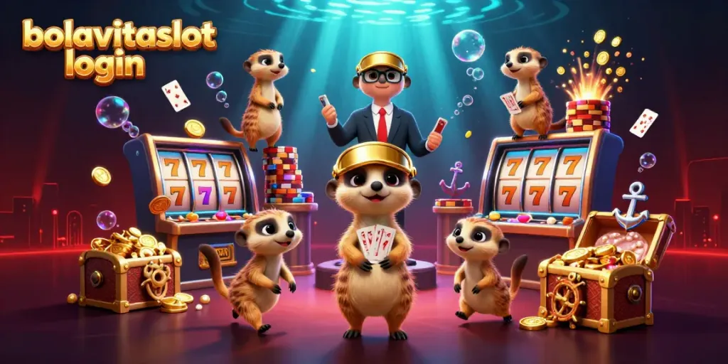 Experience the thrill of bolavitaslot login with a vibrant casino scene featuring meerkats and slot reels.