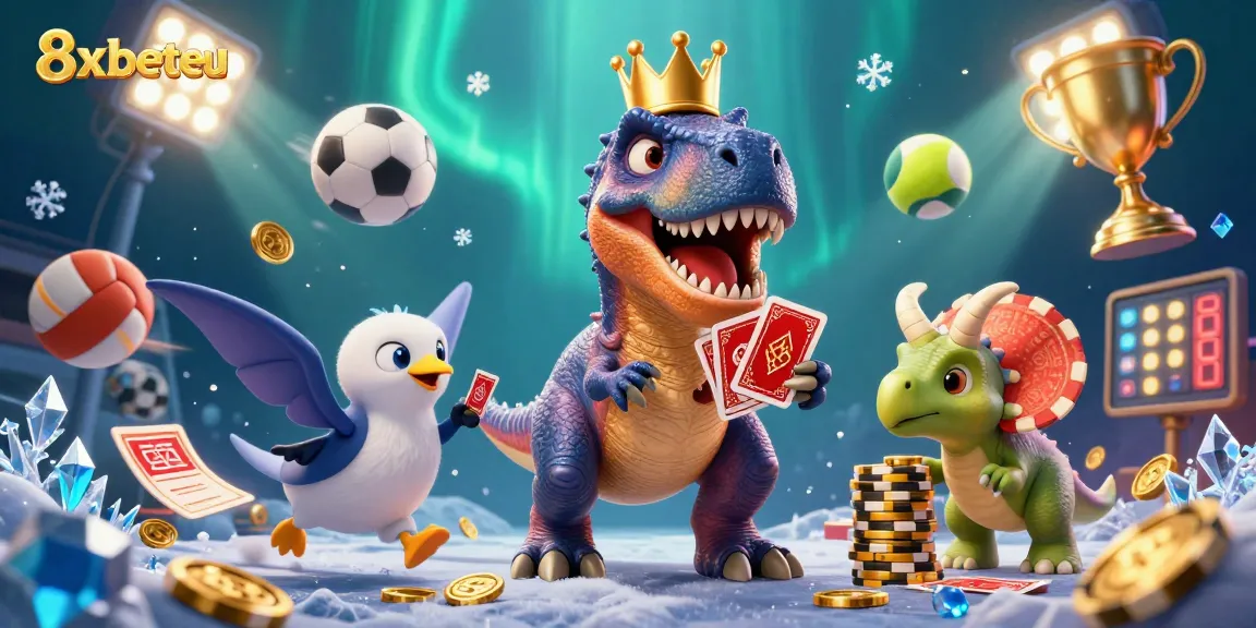Engage with 8xbeteu’s animated casino, featuring a playful T-Rex and vibrant elements.
