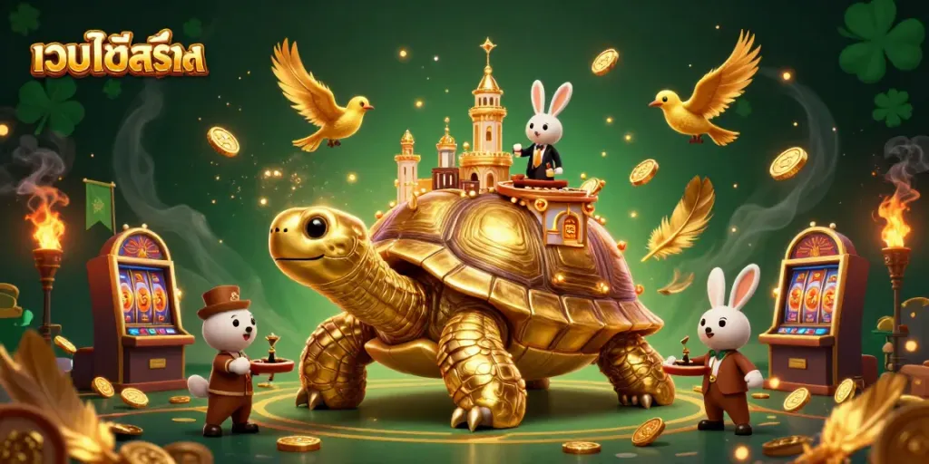 เกมคาสิโน เว็บไซต์สล็อต พร้อมกระต่ายดีลเลอร์และเต่าทองคำในฉากอลังการ