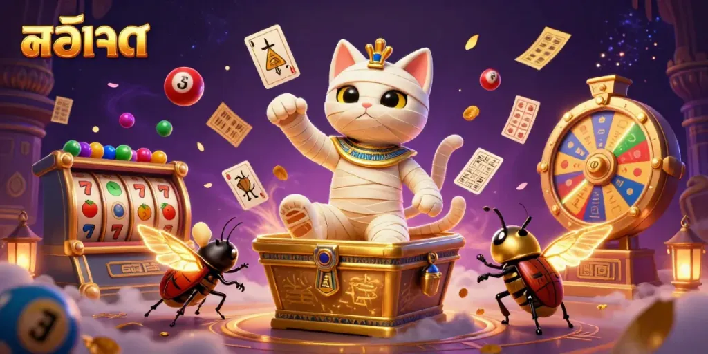 Engage in a vibrant casino atmosphere with the lucky สล็อต mummy cat and golden scarab amidst slot reels and colorful balls.