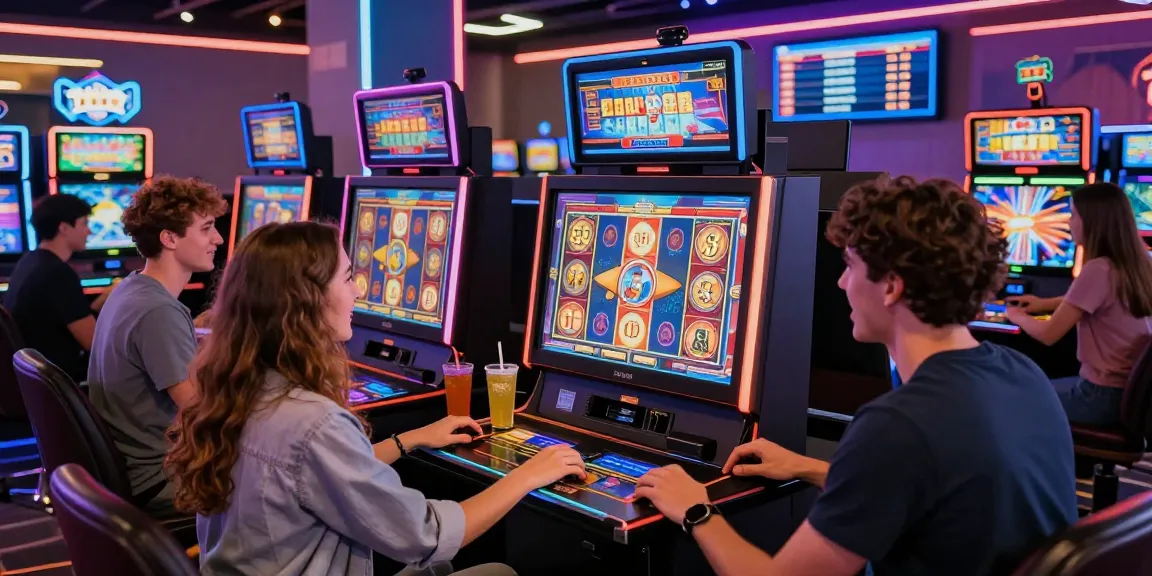 Excited players engaging with virtual slot games in a lively casino setting showcasing modern technology and bright lighting.