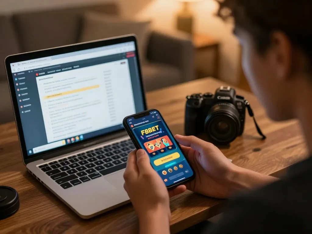Player enjoying F8BET mobile game app at home, showcasing strategic gameplay and a cozy environment