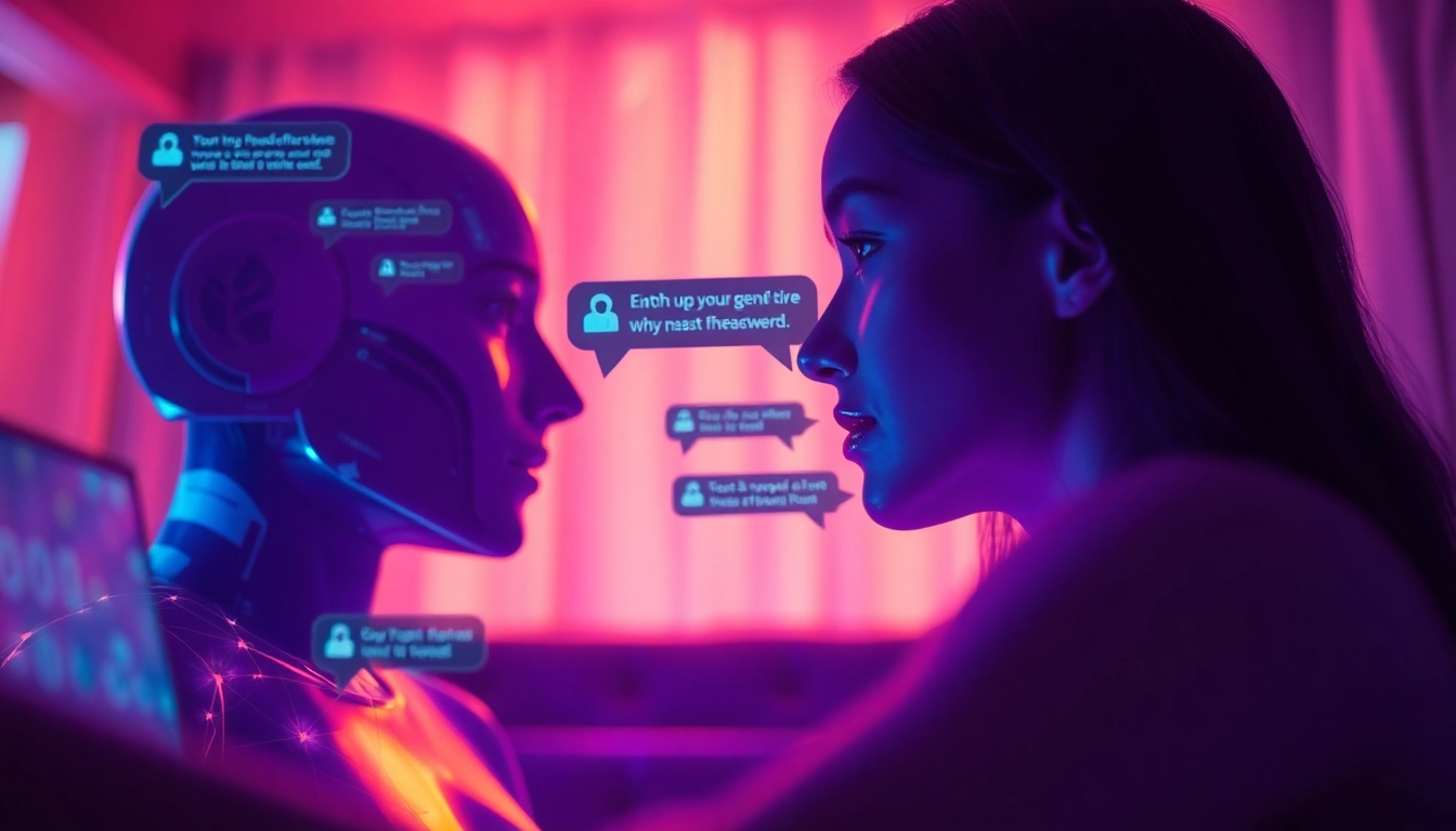 Engaging scene of AI porn chat illustrating virtual characters in intimate conversation, showcasing modern digital interaction.