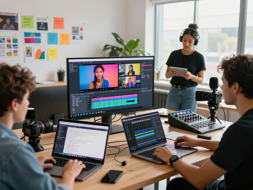 Team of creators using seedance 2.0 for collaborative video production in a dynamic studio setting.