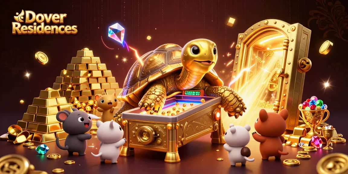 Dover Residences exciting scene depicting gaming fun with a colossal tortoise and treasures.