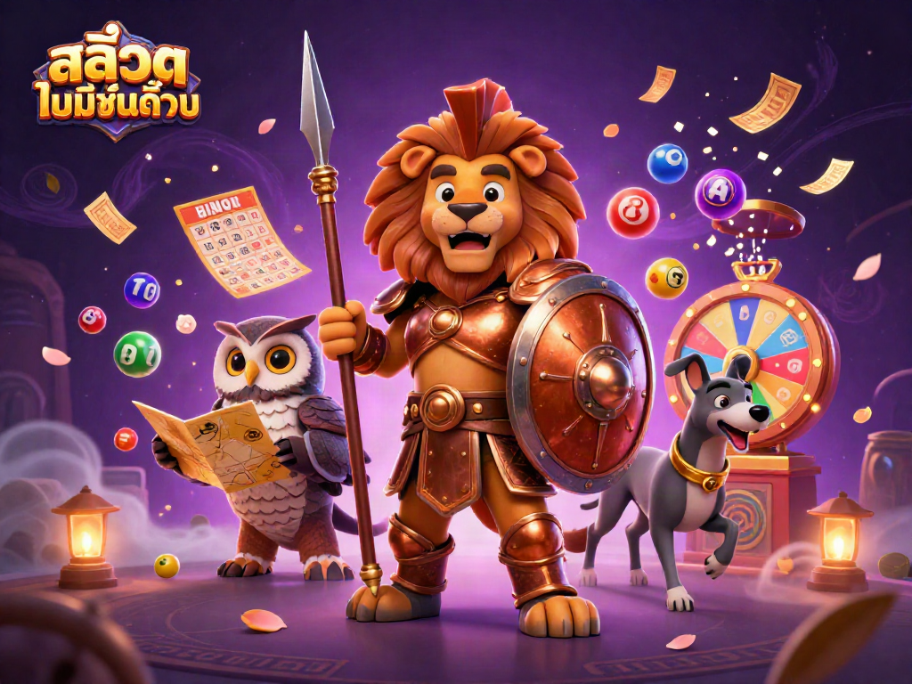 Engage with สล็อตไม่มีขั้นต่ำ on an energetic casino scene featuring a heroic Spartan lion and strategic owl amidst dynamic gambling elements.