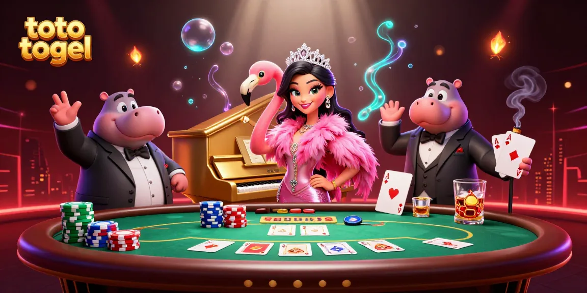 Ikuti aksi toto togel yang mendebarkan dengan suasana kasino yang hidup menampilkan flamingo dan hippo musisi yang animatif.