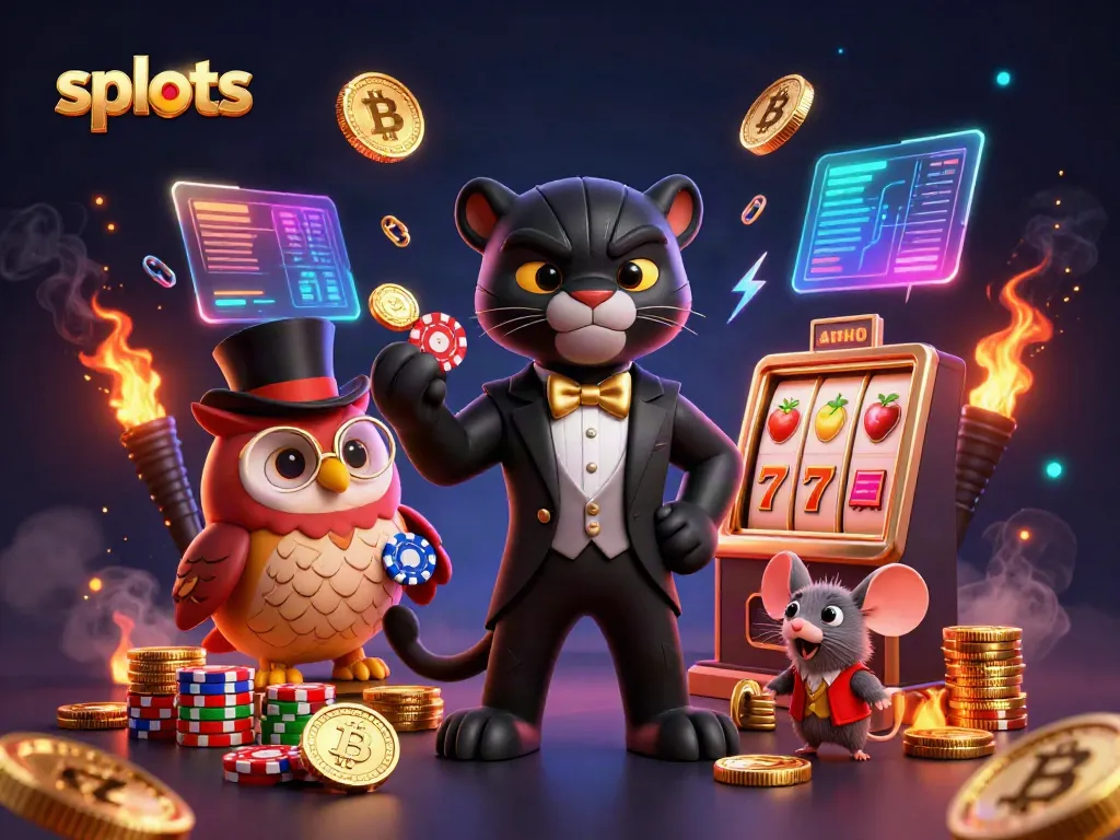 Play engaging slots with vibrant characters and crypto elements in a lively casino scene.