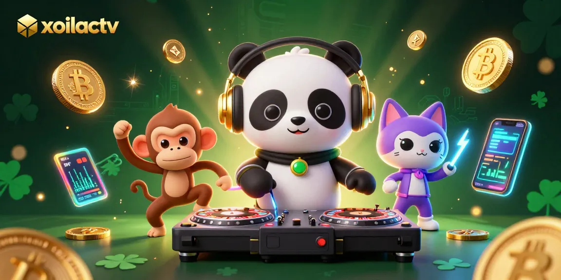 Xoilactv's dynamic 3D illustration with DJ panda, dancing monkey, and glow-stick kitten in a vibrant gambling scene.