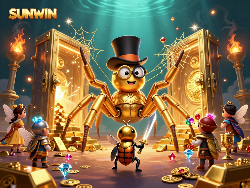 SUNWIN offers thrilling golden gaming adventures with a cartoon tarantula and knight amidst a treasure scene.