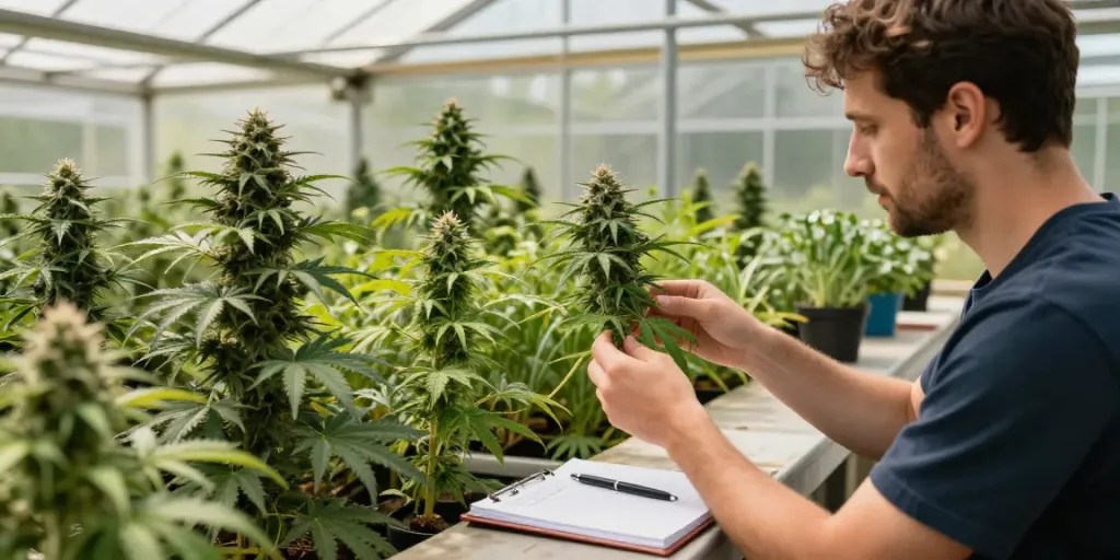 Breeder examining regular cannabis plants showcasing cannabis breeding genetics in a vibrant greenhouse.