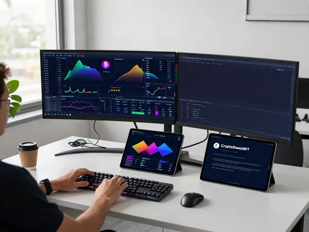 Dynamic view of a modern cryptocurrency workspace featuring the CryptoDenisNFT official channel with trading charts and DeFi dashboards.