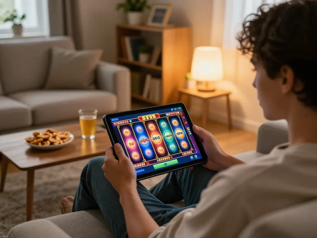 Engaged player enjoying situs slot gaming on a tablet at home, showcasing colorful reels and snacks nearby.