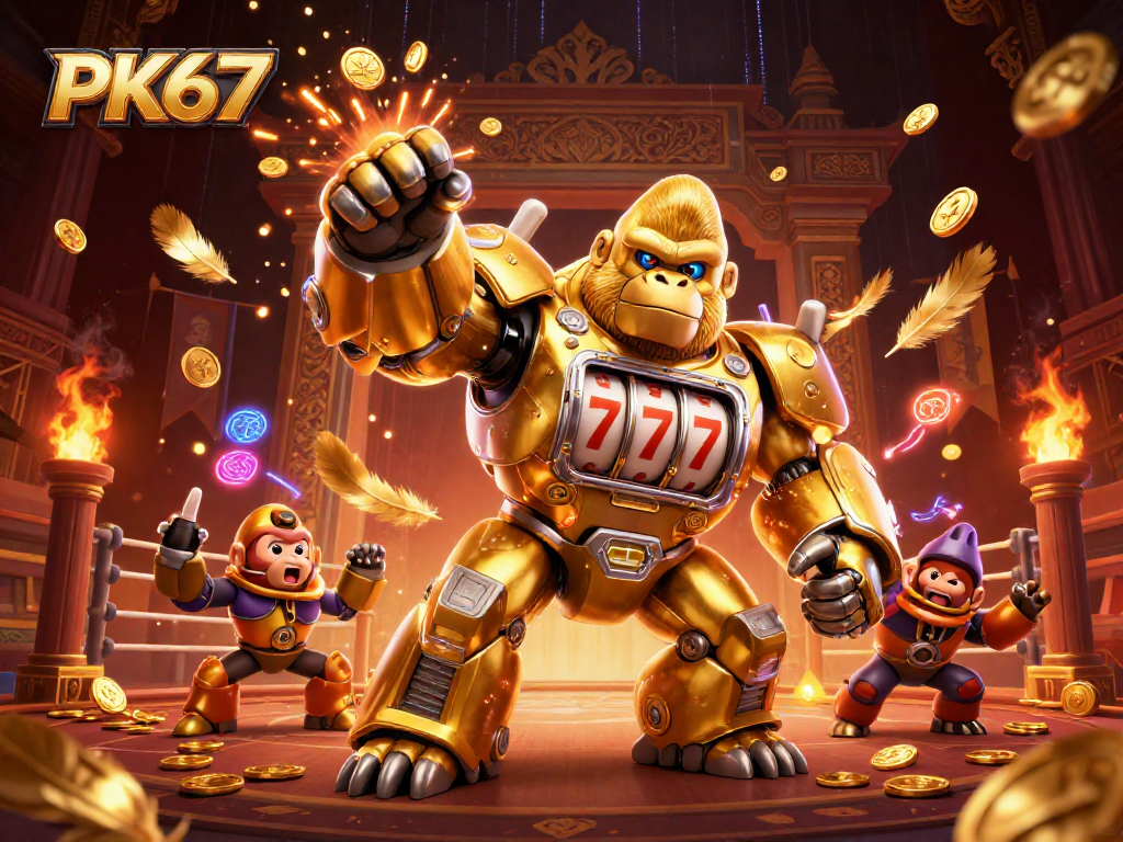 Engage with PK67's thrilling action featuring a golden gorilla mech amidst a vibrant casino atmosphere.
