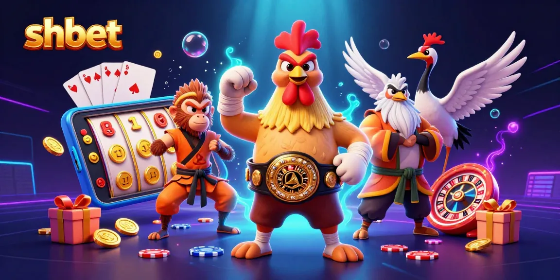 Spin and win at shbet with Muay Thai rooster and Shaolin monkey in vibrant casino scene.