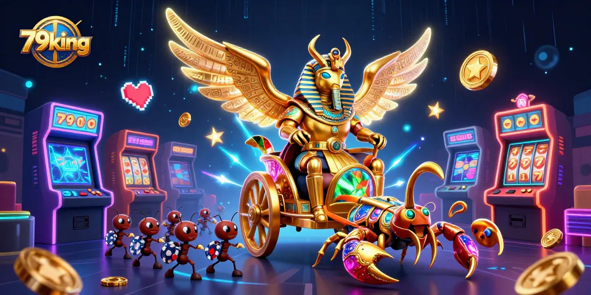 Explore the vibrant 79king casino world with a golden scarab beetle and dynamic gaming elements.