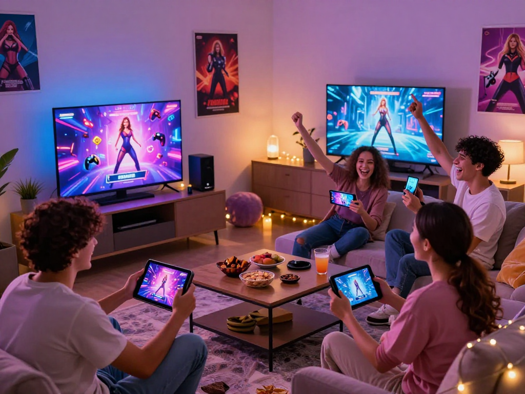 Group enjoying sex games on various devices in a vibrant living room environment.