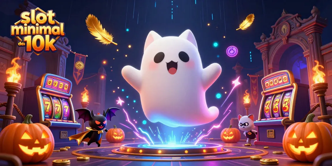 Slot minimal depo 10k menampilkan kucing hantu 3D dalam kasino dan simbol jackpot bersinar.