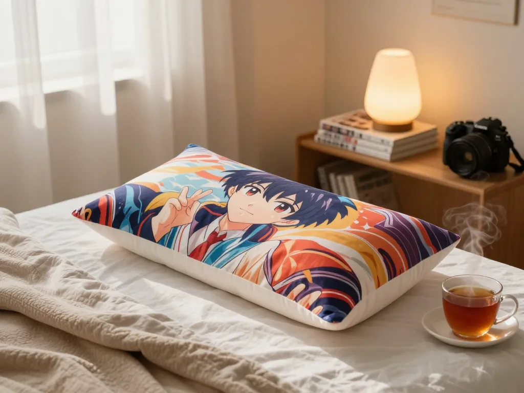 Custom dakimakura pillow with vibrant anime artwork on a cozy bed in a tranquil bedroom setting.