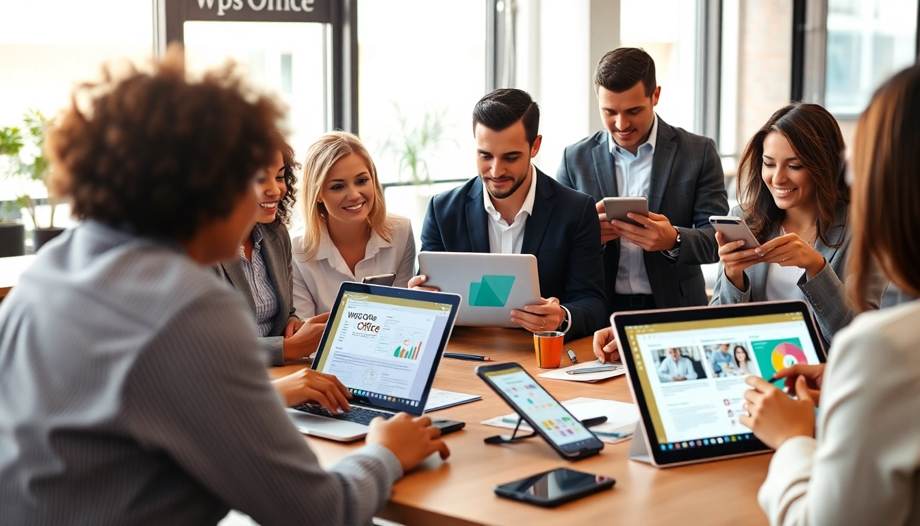 现代办公环境中的WPS Office软件，专业人士使用各种设备。