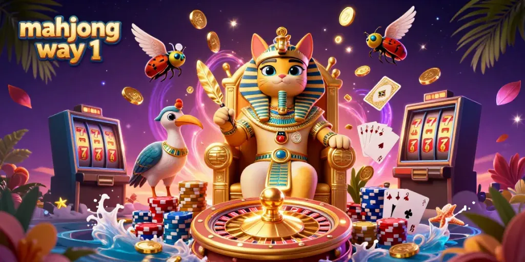 Experience the thrill of winning with mahjong way 1, featuring a majestic pharaoh cat in a lively casino setting.