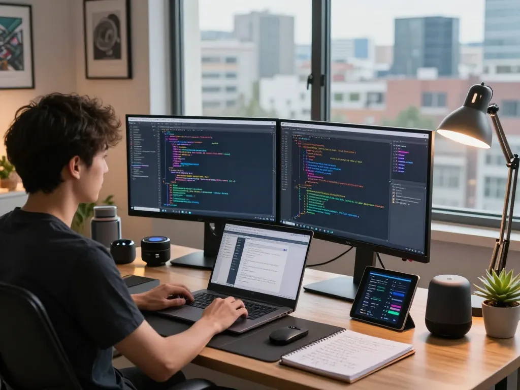 Innovative workspace with developer coding openclaw on dual monitors and vibrant design tools.
