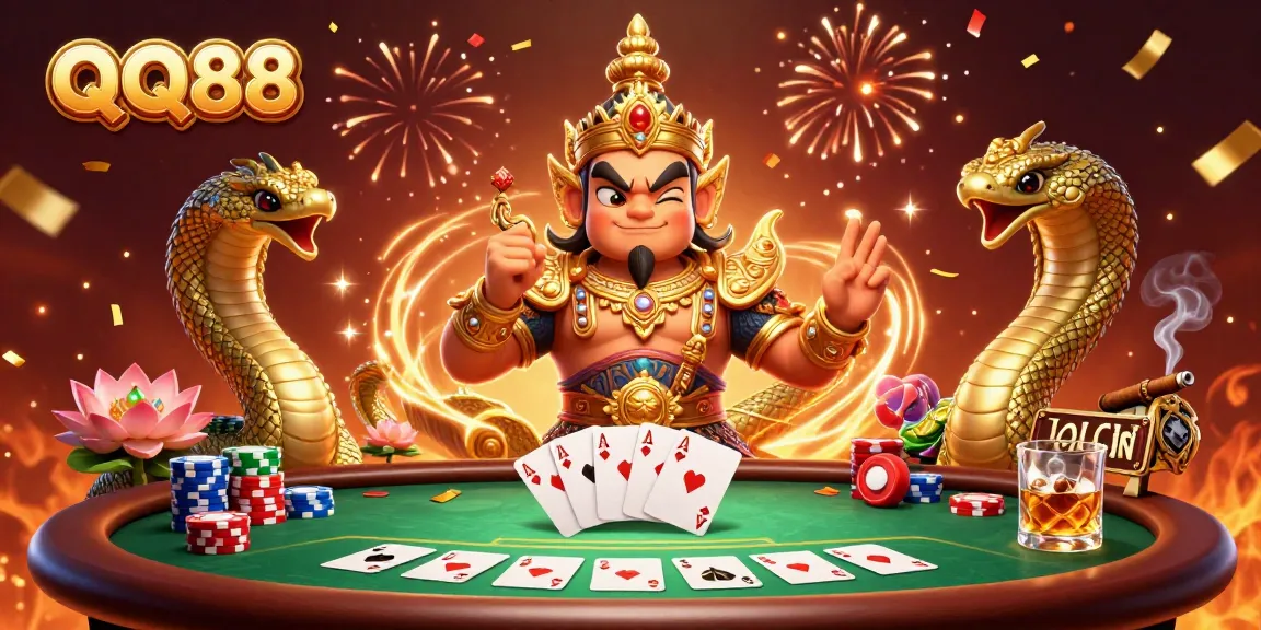 QQ88 showcases exciting poker gameplay with a vibrant Thai guardian and casino elements.