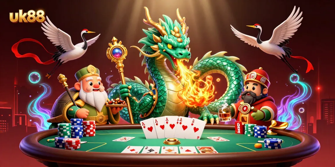 Engage in thrilling gameplay with uk88 as the dragon breathes fire amidst poker chips and cards.