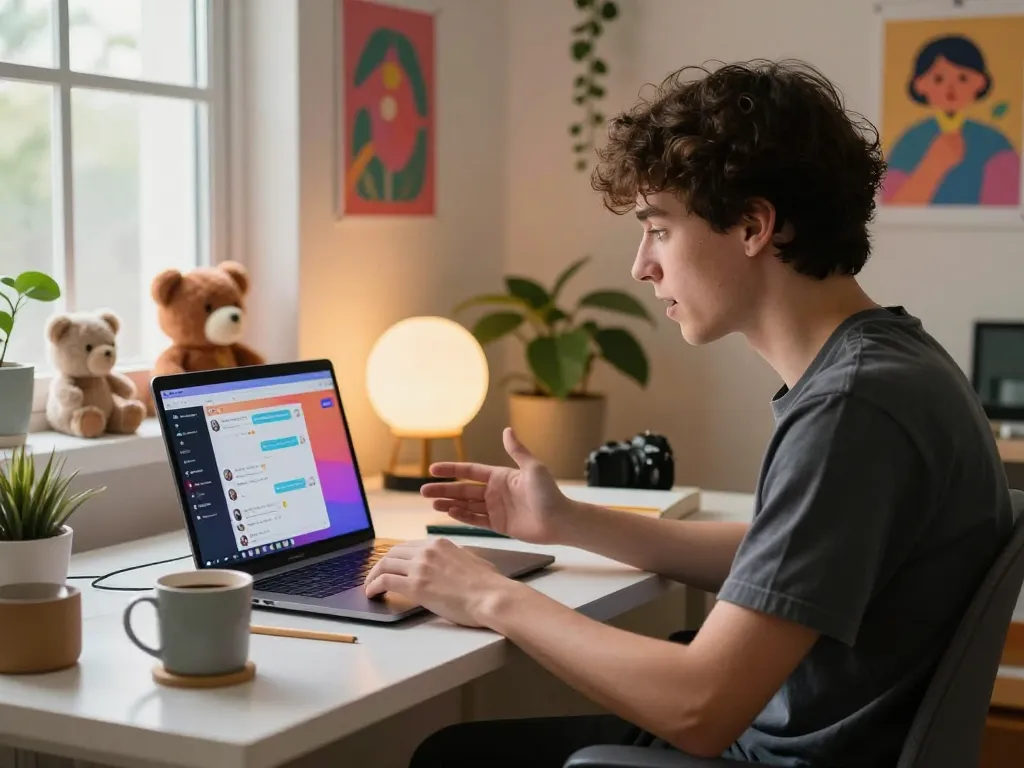 Engaging with a porn AI chat in a cozy home office environment.