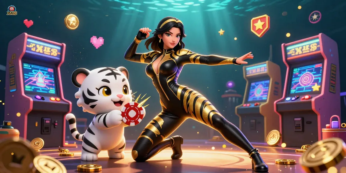 Engage in the exciting world of XX88 with vibrant casino-themed 3D art featuring a glamorous woman and playful white tiger.
