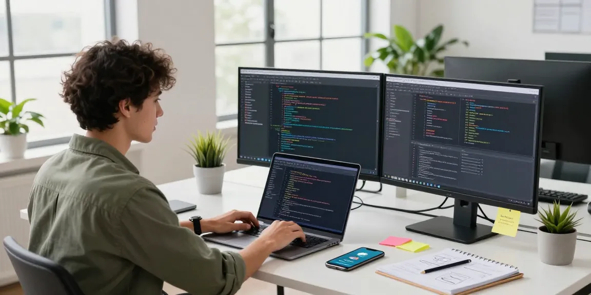 Dynamic software workspace showcasing a developer coding with Telegram on screens, reflecting modern tech aesthetics and productivity.