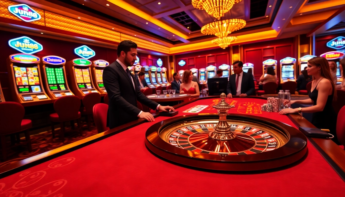 Players enjoying a thrilling gaming experience at Jun88 casino tables with vibrant roulette and poker chips.
